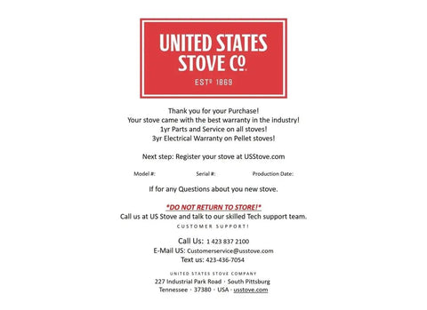 United States Stove Co warranty card with contact information for customer support and warranty registration instructions.