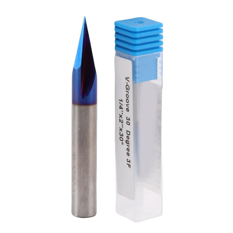 Durable Nano Coated 3 Flute Carbide V Groove Router Bit With 1/4 Inch Shank And 30 Degree Angle for acrylic engraving with protective case.