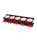 Rock Solid Iron Spray Bottle Storage Rack Featuring Five Heavy Duty Industrial Hooks for organizing spray bottles and tools.