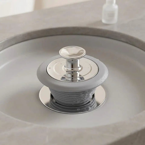 Happyyami Bathtub Drain Stopper Universal Fit 1.1 to 2.0 Inch Silicone in a bathtub sink, featuring a shiny chrome top.