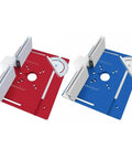 Built Rock Solid C8 Aluminum Router Table Insert Plate For Woodworking Projects Dead Accurate Inverted Mounting Platform Knockout Upgrade For 65 Millimeter Routers In Bold Red Color - Red and Blue router table inserts with alignment gauges.