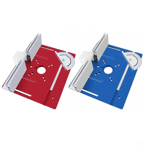 Built Rock Solid C8 Aluminum Router Table Insert Plate For Woodworking Projects Dead Accurate Inverted Mounting Platform Knockout Upgrade For 65 Millimeter Routers In Bold Red Color - Red and Blue router table inserts with alignment gauges.
