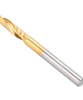 5 Pack CNC Spiral End Mill Router Bit Set High Speed Steel Alloy Coated showcasing one bit with alloy coating for metal cuts