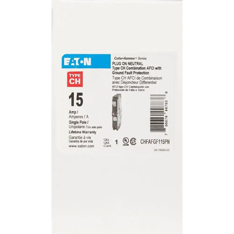 Type CH 120 Volt Arc Fault and Ground Fault Circuit Breaker 15 Amp 10 kAIC Solid Safety Upgrade For Your Home Wiring Easy Install Built For Reliable Panel Protection. Eaton Type CH 15A AFCI/GFCI breaker box label