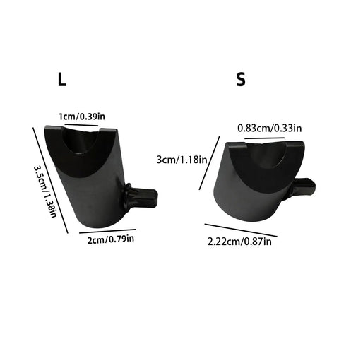 Super Secure Metal Electronic Drum Cymbal Stopper And Rotation Adjuster, sizes L and S, durable black metal, dimension labels included.