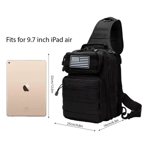 Compact Tactical Travel Sling Bag With Molle System Crossbody Shoulder Pack next to an iPad, showing size comparison.