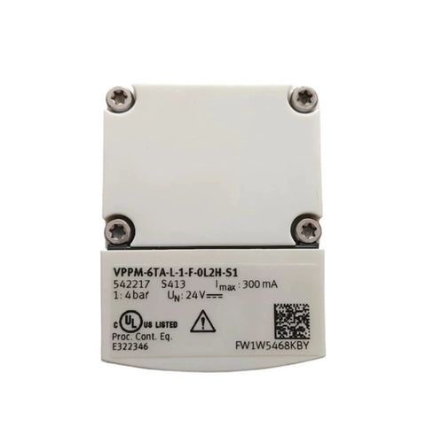Front view of white electric proportional valve module, model VPPM-6TA-L-1-F-0L2H-S1, with four corner screws.