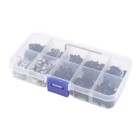 Beefed Up Stainless Steel RC Car Screws Kit With 361 Pieces Durable Hardware Set For One Eighth And One Tenth Scale RC Cars, Replacement Screws And Tools, Compatible With Traxxas And Axial Builds, Built To Take Real Rough Use. clear plastic organizer with stainless RC screws and nuts