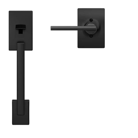 Century Front Entry Handleset With Latitude Lever And Lower Half Grip Matte Black Finish For Exterior Doors Providing Secure Entry And Curb Appeal With Modern Security Features Smart Lock Ready Built To Last.