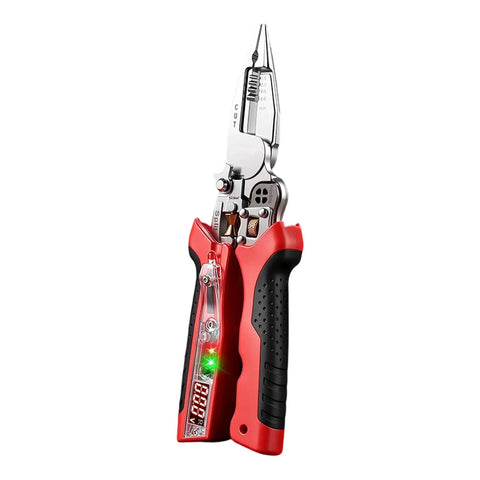 Type C Electrician Pliers With Ncv Detection Power And Charge Cable Tester For Home Repair Circuit Breaker Inspection Multi Function Voltage Check Tool Easy Grip Red Finish showing digital display and heavy duty cutter.