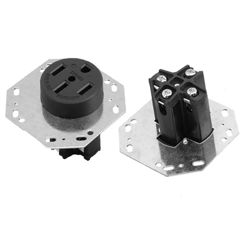 Hella Tough Octagon Electrical Outlet Four Prong Power Receptacle With Heavy Duty Steel Housing And Built In Overcurrent Shield For Rv Conversions And Campground Hookups, showing octagon metal base and black socket.