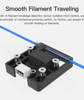 Smart Filament Runout Sensor With Break Detection Module for 3D Printers showing micro switch and blue filament.