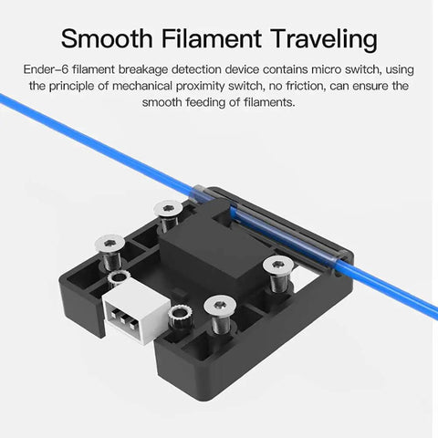 Smart Filament Runout Sensor With Break Detection Module for 3D Printers showing micro switch and blue filament.