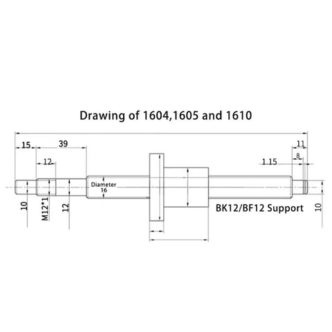 Technical drawing of SFU1605 Ball Screw With Nut 350mm End Machined CNC Part for DIY 3D Printers and CNC Machines