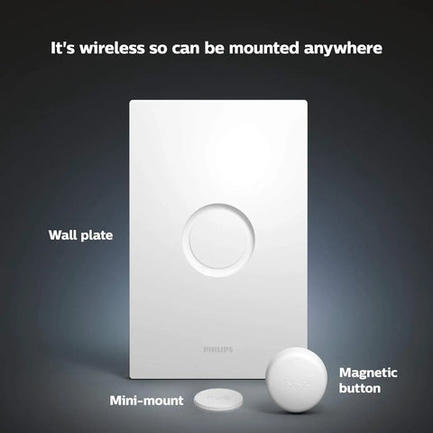 Wireless Smart Light Switch Button Battery Powered And Portable White Remote with wall plate and mini-mount accessories.