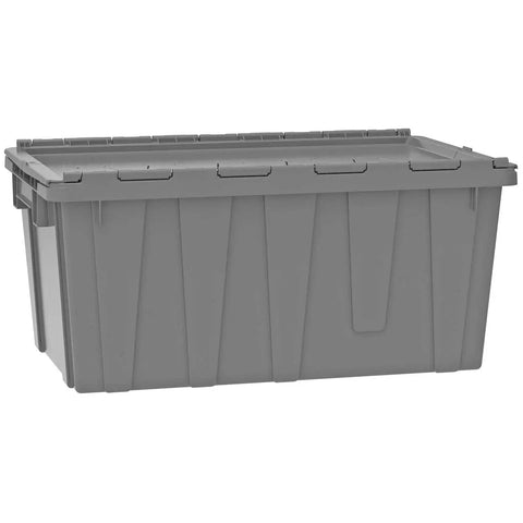 Heavy Duty Industrial Plastic Stackable Tote With Hinged Attached Lid In Green For Shipping Sorting Hauling And Storage 27 Inch Long 17 Inch Wide 12 Inch High KeepBox Style