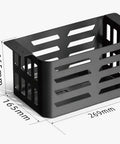 Black metal storage basket with dimensions 165mm x 165mm x 269mm featuring slotted design. Product dimensions clearly visible.