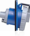 Side view of Blue 30 Amp Pin And Sleeve Receptacle, 120 208 Volt 3 Phase WYE, 4P 5W, IP67 Watertight Beefy Industrial Grade Outlet