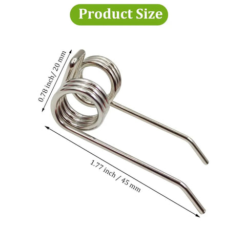 Close-up of stainless steel dethatcher tine for Greenworks 27022 and 2500600G, showing size dimensions, part of 36 Pack Dethatcher Tines Replacement Compatible With Greenworks 27022 And 2500600G 14 Inch Corded Dethatcher Heavy Duty Stainless Steel Rake Tines For Scarifier Lawn Dethatcher Parts.