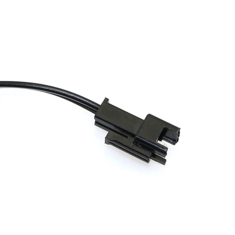 Close-up of SM 2P plug on USB Power Charger Cable For 7.2V Ni Cd Ni Mh Battery Packs 250mA Output, black connector with cable.