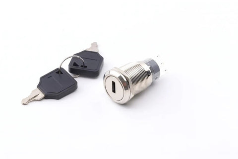 Heavy Duty 19mm Rotary Key Switch Lock DPDT 6 Pin 2NO 2NC Latching 3 Position Key Lock with two keys displayed
