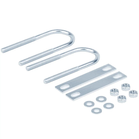 Two Pack M10 U-Bolt Clamp Set For 2 Inch Tubes 5-1/2 Inch Long Round Bend U-Bolts That Fit 2 Inch OD Tubing Electro Galvanized Low Carbon Steel Rust Resistant No-Fuss Install Heavy Duty Hardware displayed with nuts and washers.