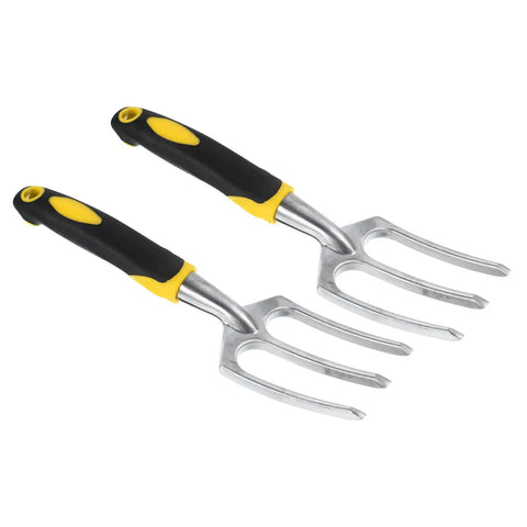 Two Three Tine Hand Garden Forks with Aluminum Alloy Non Slip Handle, hardened digging pitch fork for weeding and transplanting.