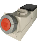 Heavy Duty Red Dual Industrial Power Socket Featuring Built In Rcd Breaker Ip67 Weather Resistant Housing 32 Amperes 5 Conductor 400 Volts Setup displayed at an angle, showing connection ports.