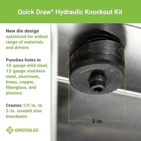 2-inch punch in use from 8 Ton Hydraulic Knockout Punch Kit With Quick Draw Driver for metal, stainless steel, aluminum, and plastic