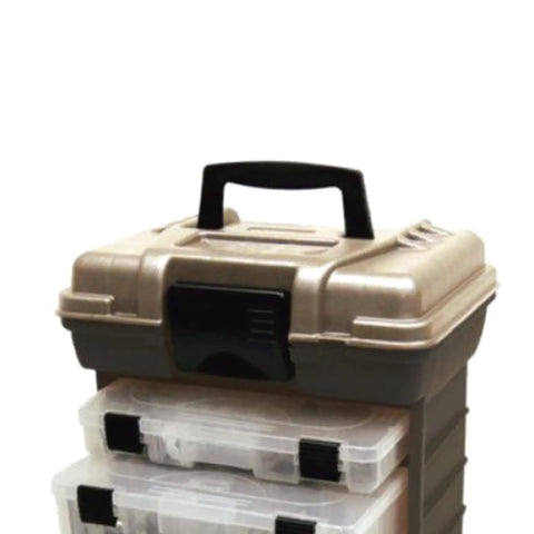 Stow N Go Toolbox Pro Rack Organizer With Top Toolbox And Graphite Gray And Sandstone Finish, two removable trays visible