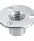 Close-up of Beefy 10 Pack Female Thread Three Hole Tee Nut Plates With Round Flat Base Carbon Steel T Nuts Zinc Plated M8x22x2mm