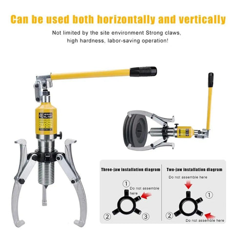 Heavy Duty Hydraulic Gear Puller With Two Or Three Jaw Bearing Separator For Backyard Mechanic Hub And Belt Pulley Extraction Grease Monkey Approved Steel Build with two jaw installation diagram.