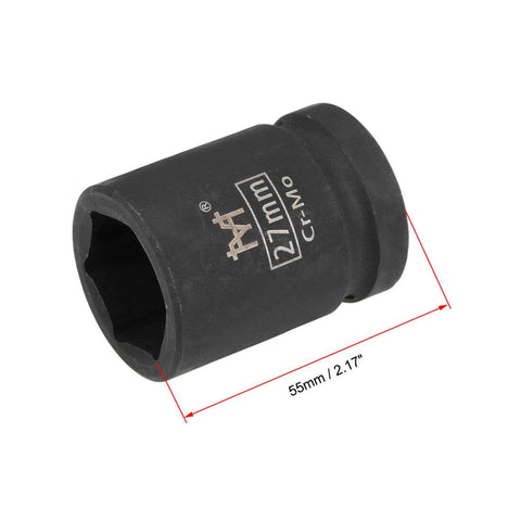 Three Quarter Inch Drive Six Point Shallow Impact Socket 27mm With Radius Corner Design CrMo Steel Built For High Torque Tools Heavy Duty 55mm Length Overall