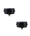 Small Size End Cap Replacement Finials Set Of 2 Black For Curtain Rods Easy Install For Standard Three Quarter Inch Rods With 0.47 Inch Screws Durable Metal Finish. Two black metal curtain rod finials with screws, shown on white background