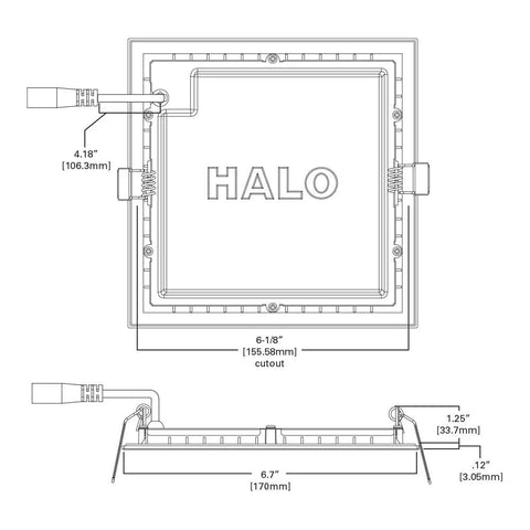 Diagram of Six Inch Canless Ultra Thin LED Recessed Wafer Light Cranks Out 900 Lumens, dimensions and installation details