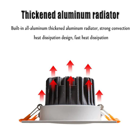 Dual Head LED Downlight Kit 6 Pack With Matte Black Baffle Trim, Slick Recessed Ceiling Spotlights, Smooth Aluminum Housing For Clean Indoor Vibe, Neutral Light Glow, No Sweat Install showing thickened aluminum radiator for enhanced heat dissipation.