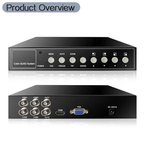 4 Channel 1080P HD Quad Video Processor For AHD CVI TVI CCTV Security Cameras With Image Switcher showing front and back views