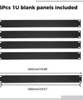 Plug And Play 5 Pack 1U Blank Panels Premium Steel Rack Mount Filler Plates, 18.98in and 18.31in lengths, shown side by side.