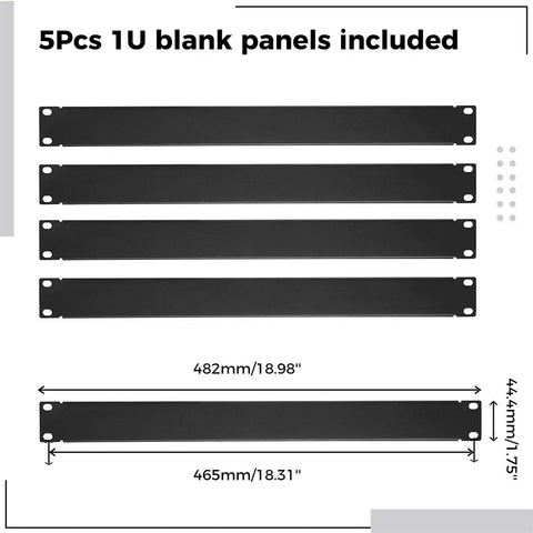 Plug And Play 5 Pack 1U Blank Panels Premium Steel Rack Mount Filler Plates, 18.98in and 18.31in lengths, shown side by side.