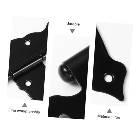 Black-painted wrought iron strap door hinge; heavy-duty decorative hinge for doors and cabinets.