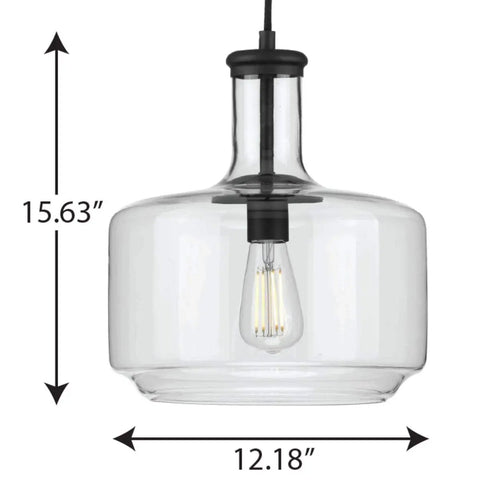 Latrobe Collection 1 Light Clear Glass Coastal Pendant Light In Matte Black, 15.63 x 12.18 inches, with bulb visible.