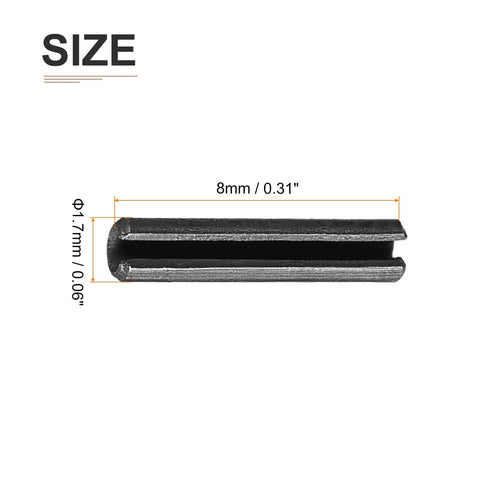 Slotted Spring Pins 1.7mm X 8mm Black 30 Pack Carbon Steel Roll Dowel Tension Pins, side view with measurements