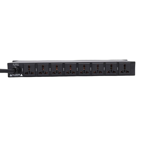 Ten Outlet Power Sequencer Conditioner With Digital Voltage Display And Auto Surge Protection Smooth Noise Filtering For Your Sweet Home Theater Setup Gamechanger Studio Gear Rig With Us Plug showing 10 outlets from the front.