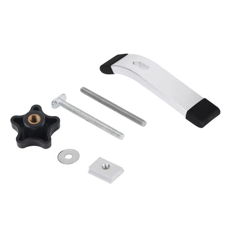 No Nonsense Quick Acting T Track Hold Down Clamp Set For Woodworking components including metal clamp, screws, and washer