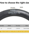 Two Pack 14 Inch Bike Tubes Heavy Duty 14x2.10 To 14x2.50 AV32mm Schrader Valve showing size and specifications