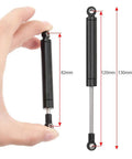 Hand holding 120mm aluminum alloy RC shock absorber, dimensions labeled for 4 Pack 120mm RC Shock Absorbers With Internal Springs For 1/10 Scale Crawlers Aluminum Alloy Beefed Up Upgrade For TRX4 SCX10 II III D90 Gen7 Gen8 HPI HSP Redcat And Other RC Cars