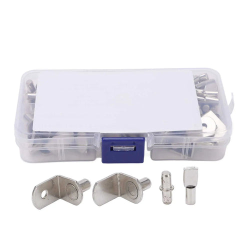 113 Piece Shelf Pins Kit With Four Styles L Shaped And Cylindrical Plated Pegs 5mm Hole in clear plastic box