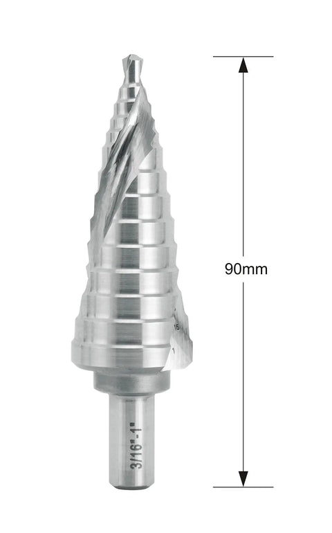Industrial HSS Step Drill Bit 3 16th Inch To 1 Inch With 3 8th Inch Shank, Double Spiral Flute For Longer Life And Smooth Chip Removal