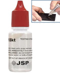 Front view of JSP 18k gold testing solution bottle with red cap; inset shows dropper applying to metal surface