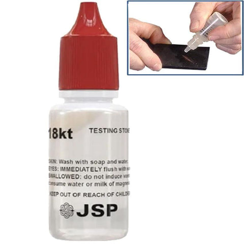 Front view of JSP 18k gold testing solution bottle with red cap; inset shows dropper applying to metal surface
